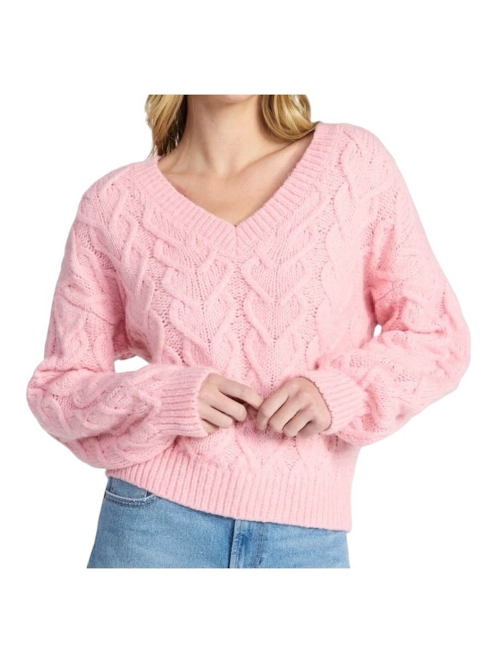 Pink Sweater Cropped Pullover Cable Knit V-Neck Women's Size Large No Boundaries